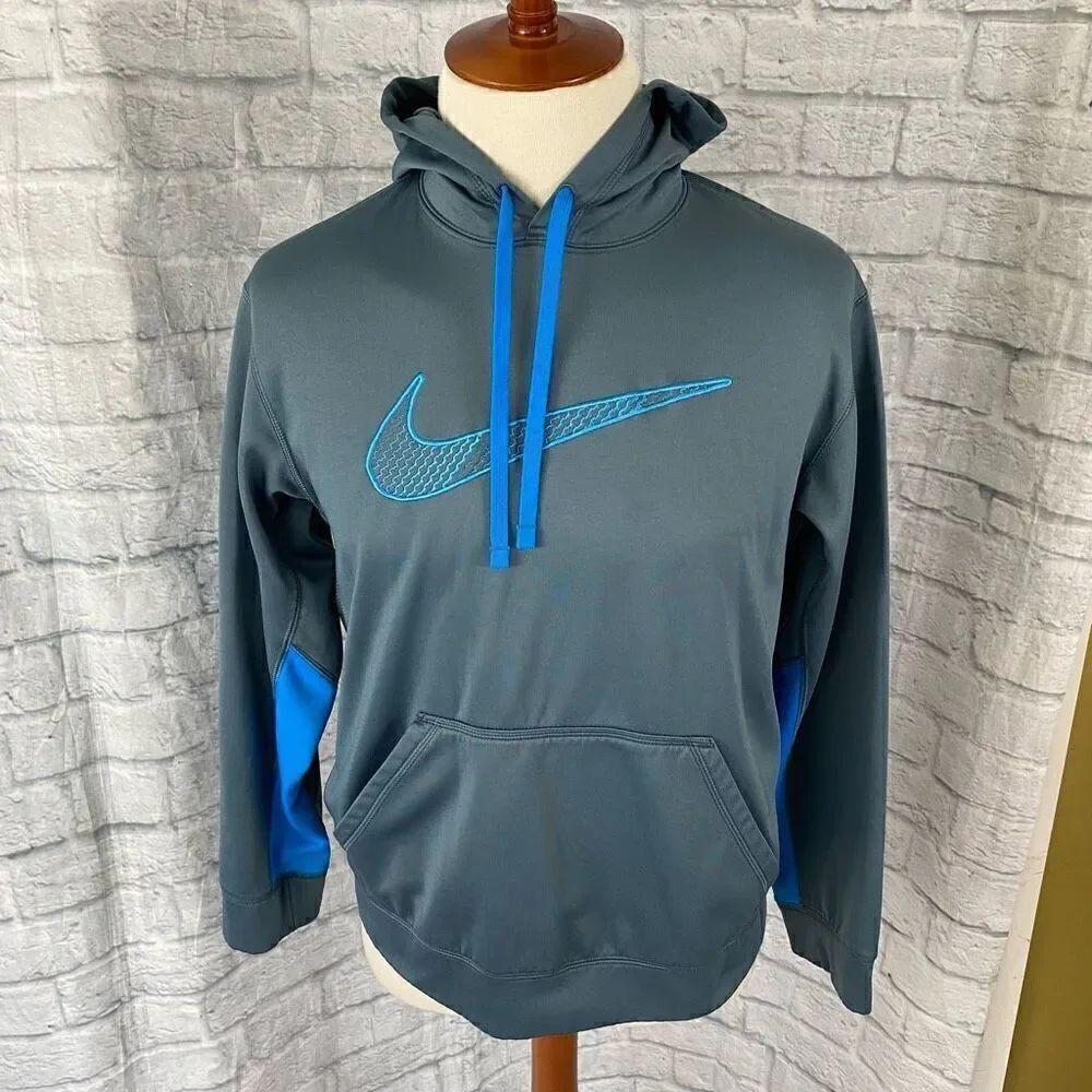 Nike men M therma fit pullover hoodie w/front pocket grey & blue